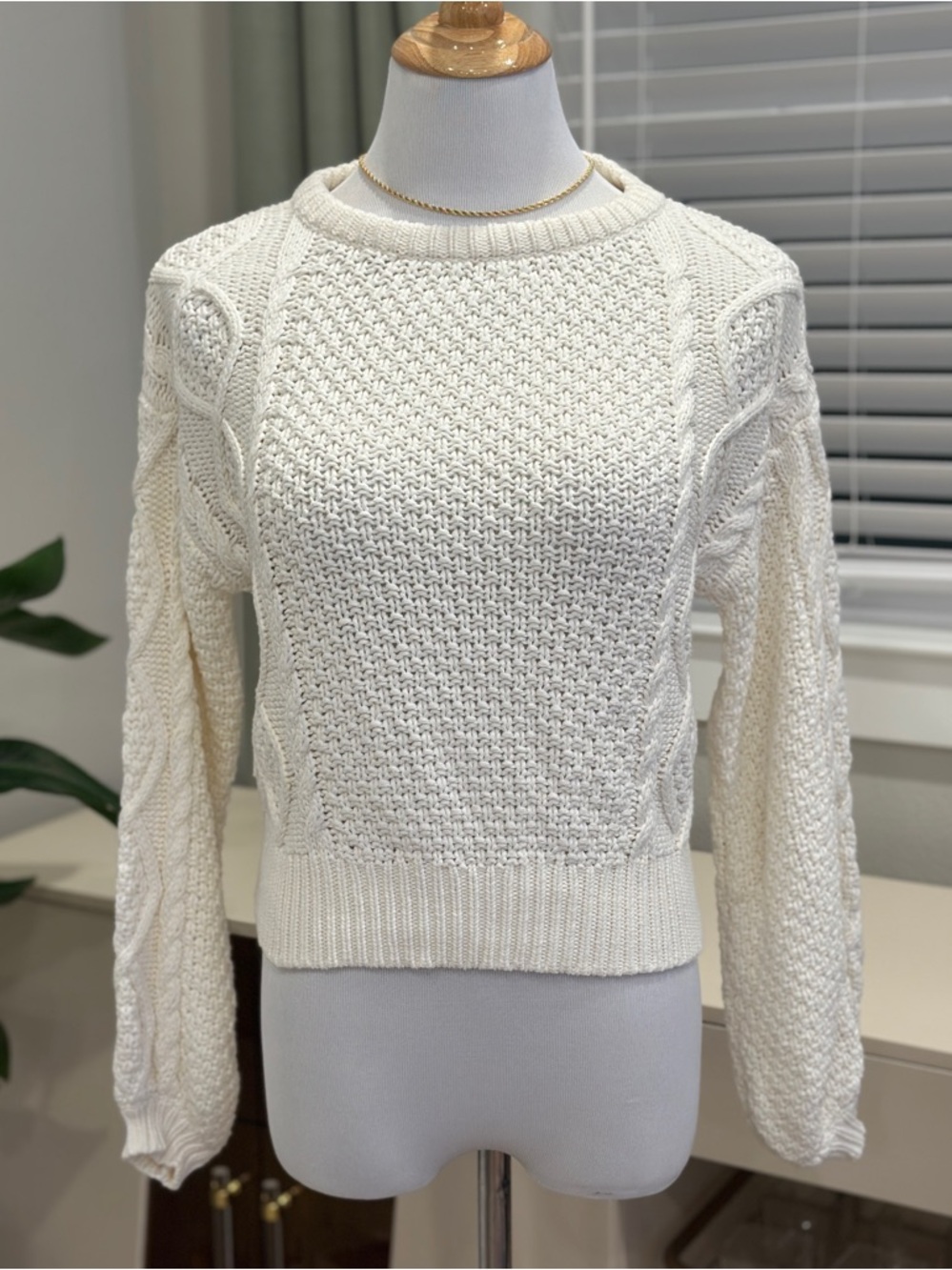 Line & Dot Ivory Cable Knit Crewneck Sweater